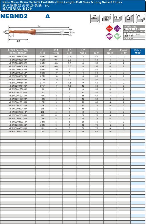 2刃长颈球头立铣刀